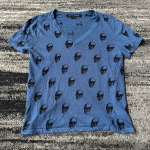 SKULL CASHMERE V-Neck Short Sleeve 100% Linen Skull Print Sweater